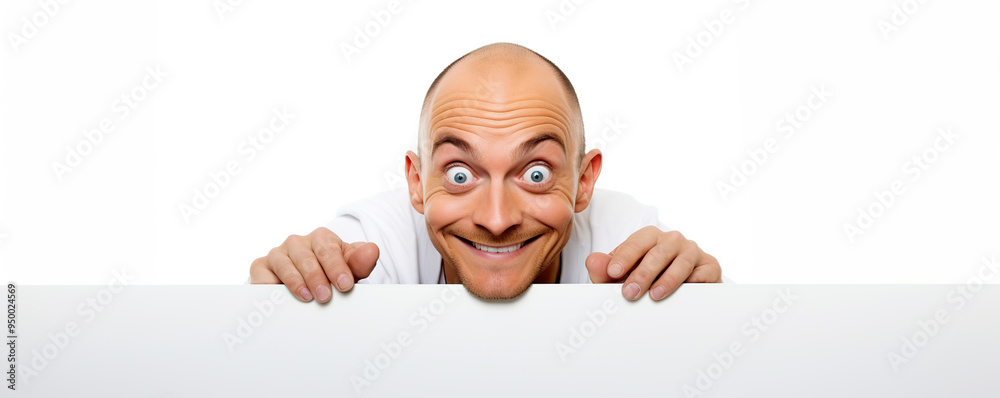 A cheerful man peeking over a blank surface with wide eyes in a bright setting, capturing a playful moment in time A cheerful man peeking over a blank surface with wide eyes in a bright setting, capturing a playful moment in time