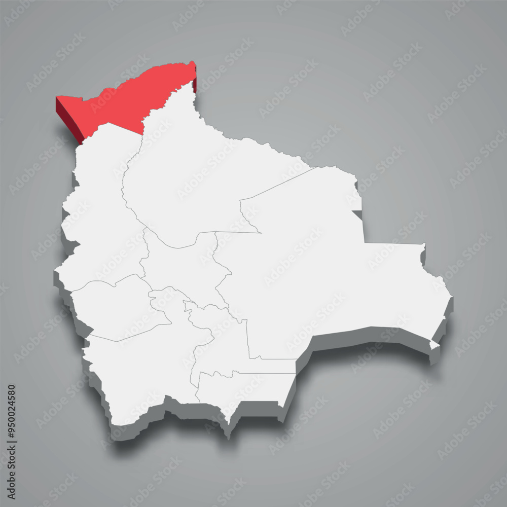 Obraz premium Pando department location within Bolivia 3d map