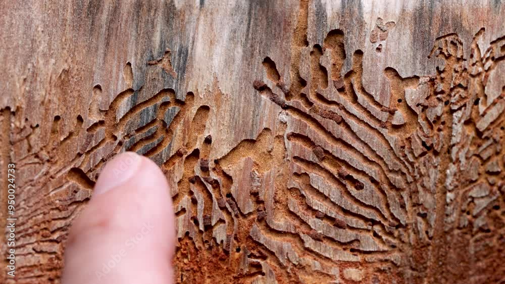 tunnels produced in the wood of a tree trunk by the bark beetles of pines and conifers, view of a longitudinal section