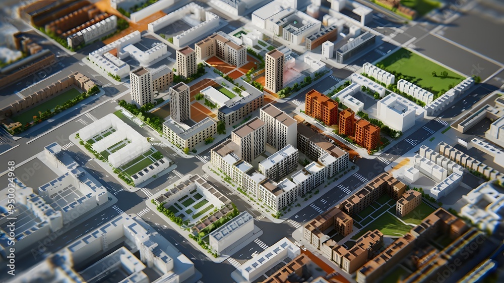 Fototapeta premium Detailed Architectural Rendering of Urban City Layout with High-Rise Buildings and Green Spaces