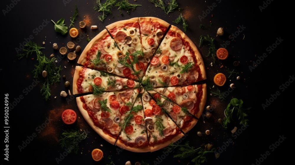 Top view of classic pepperoni or mozzarella pizza on black background. Neural network ai generated art Top view of classic pepperoni or mozzarella pizza on black background. Neural network ai generated art
