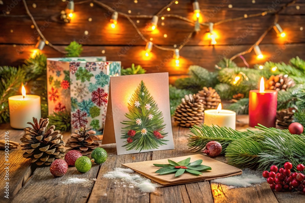 A festive holiday scene featuring a rustic wooden table with assorted colorful Christmas cards, pinecones, and greenery, surrounded by soft candlelight and snowflakes.