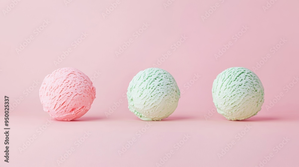 Three Scoops of Ice Cream on Pastel Pink Background, Minimal Summer Food Concept Three Scoops of Ice Cream on Pastel Pink Background, Minimal Summer Food Concept