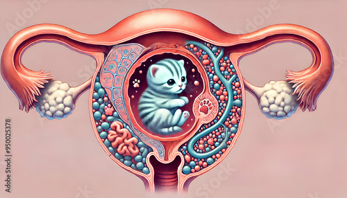Illustration of a baby cat in embryo. Embryoid Baby. Cat in tummy.
