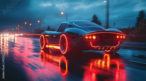 Retro car with LED underglow lights cruising a modern highway photo