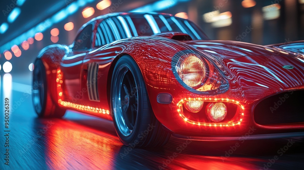 Retro car with LED underglow lights cruising a modern highway