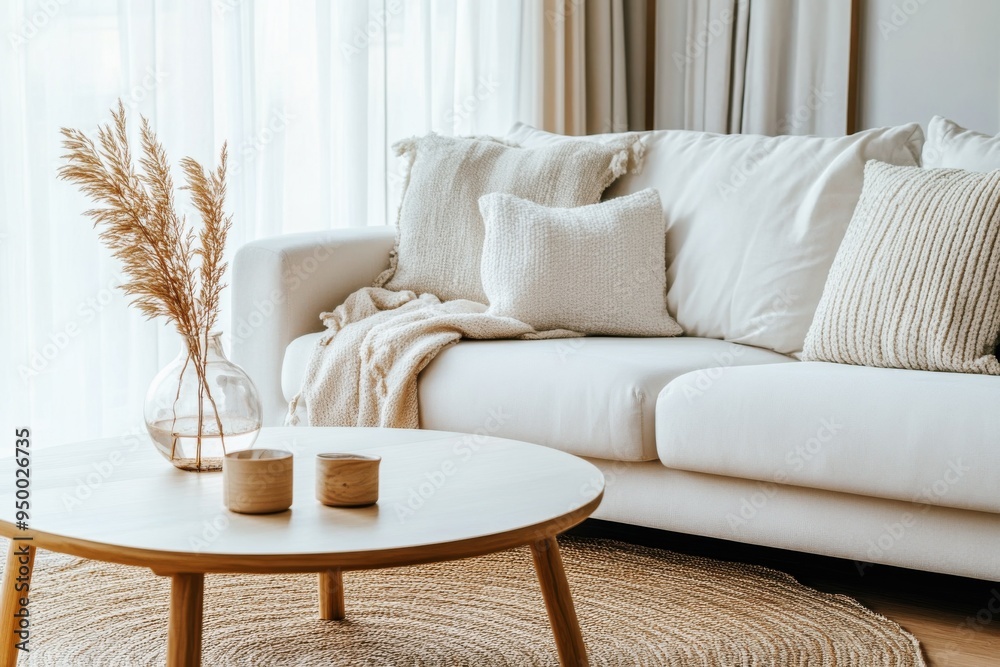 minimalist living room interior with cozy white sofa, knit pillows, wooden coffee table, and natural decor modern scandinavian style home design minimalist living room interior with cozy white sofa, knit pillows, wooden coffee table, and natural decor modern scandinavian style home design