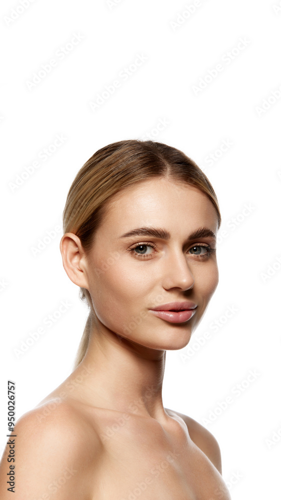 Benefits of advanced skin care and high-quality cosmetics. Portrait of attractive young woman with well-kept clear skin, isolated on white studio background. Concept of natural beauty and skincare Benefits of advanced skin care and high-quality cosmetics. Portrait of attractive young woman with well-kept clear skin, isolated on white studio background. Concept of natural beauty and skincare