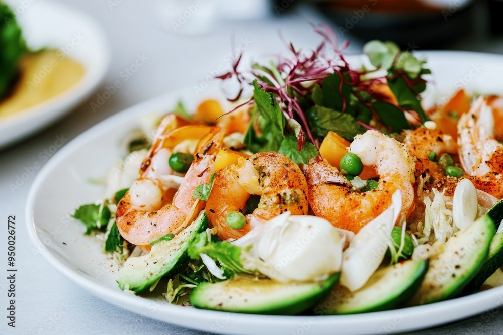 fresh shrimp salad with avocado, mixed greens, and vegetables fresh shrimp salad with avocado, mixed greens, and vegetables