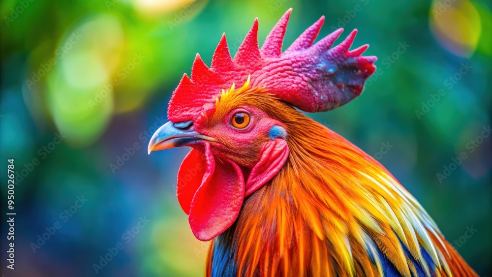 Fototapeta premium Close-up shot of a rooster's vibrant and colorful crest, rooster, poultry, farm animal, feathers, plumage, vibrant