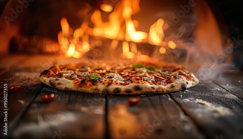 Pizza oven with a pizza baking, warm and inviting, Cozy, Warm tones, Photograph, Culinary delight