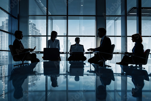 silhouette illustration business meeting in modern office background with blue glasses architecture