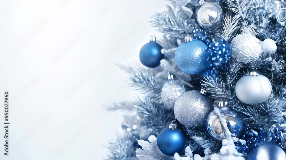 Christmas tree adorned with blue and silver decorations, creating a serene and elegant winter scene. Christmas tree adorned with blue and silver decorations, creating a serene and elegant winter scene.