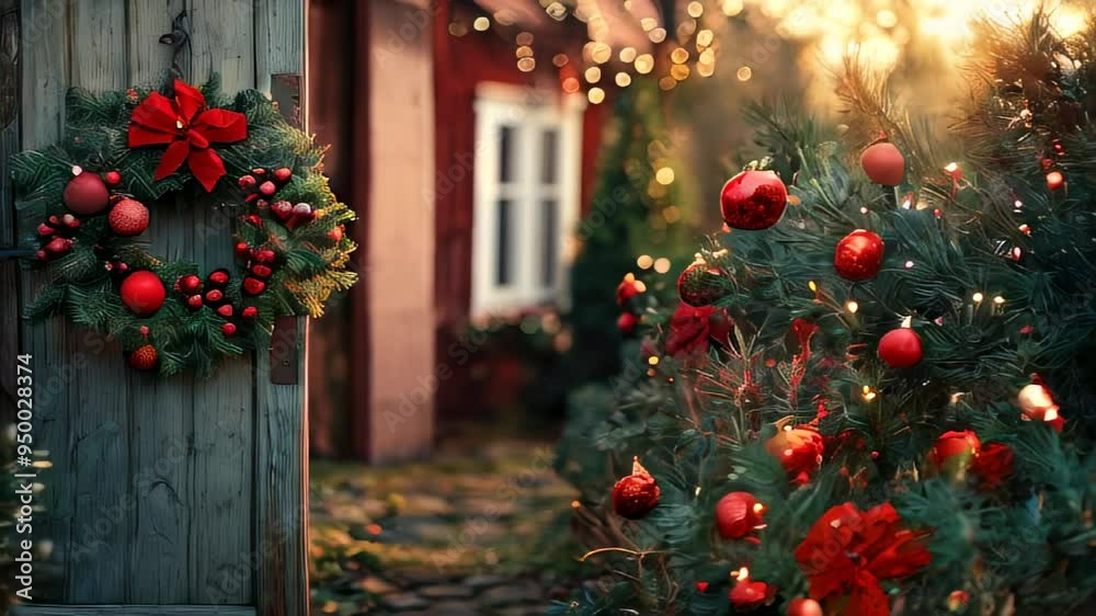 Festively decorated garden gate adorned with a wreath and surrounded by holiday greenery and ornaments. Festively decorated garden gate adorned with a wreath and surrounded by holiday greenery and ornaments.