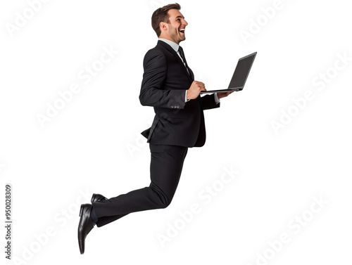 Business people jump high with high spirit with slim trendy laptop transparent background