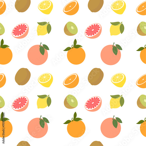 Seamless pattern with citrus fruits. Grapefruit, orange fruit, kiwi fruit, lemons. Whole and half sliced sweet fruits. Vector background, flat style.