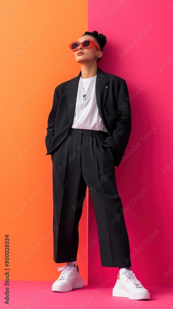 A nonbinary model in a fashion-forward outfit, blending masculine and ...