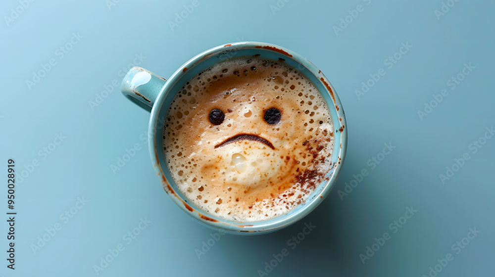 Coffee cup with sad face drawn on coffee milk foam. Top view to mug with coffee on blue background. Blue Monday, hard morning, difficult day, negative emotions, loneliness, loss, problem, difficulties Coffee cup with sad face drawn on coffee milk foam. Top view to mug with coffee on blue background. Blue Monday, hard morning, difficult day, negative emotions, loneliness, loss, problem, difficulties