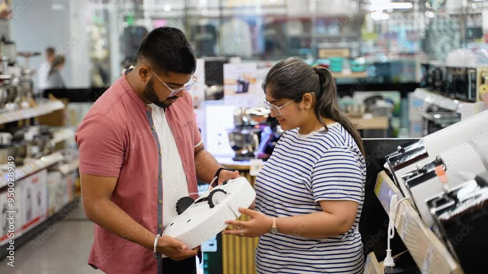 Indian Asian couple choosing robot vacuum cleaner in electronics store Indian Asian couple choosing robot vacuum cleaner in electronics store