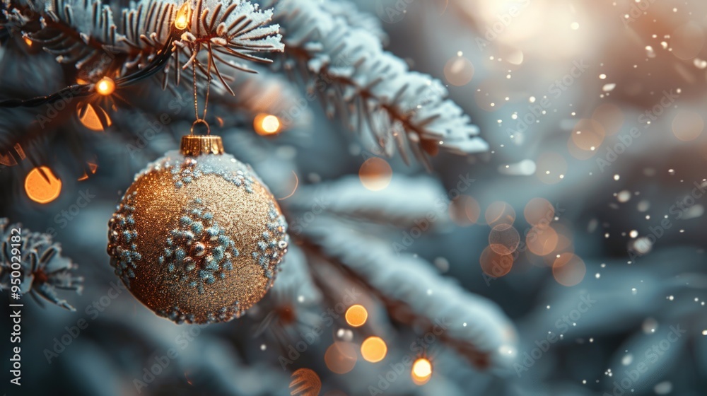 Obraz premium A golden Christmas ornament hangs on a snow-covered pine tree.