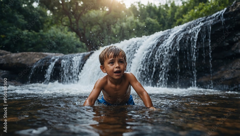 Boy in Waterfall Little boy playing in a waterfall, cartoon style. Boy in Waterfall Little boy playing in a waterfall, cartoon style.