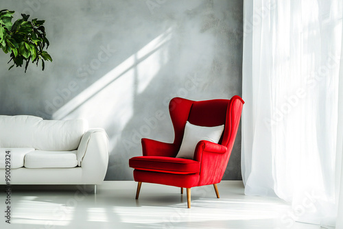 Red wingback chair and white sofa in bright room