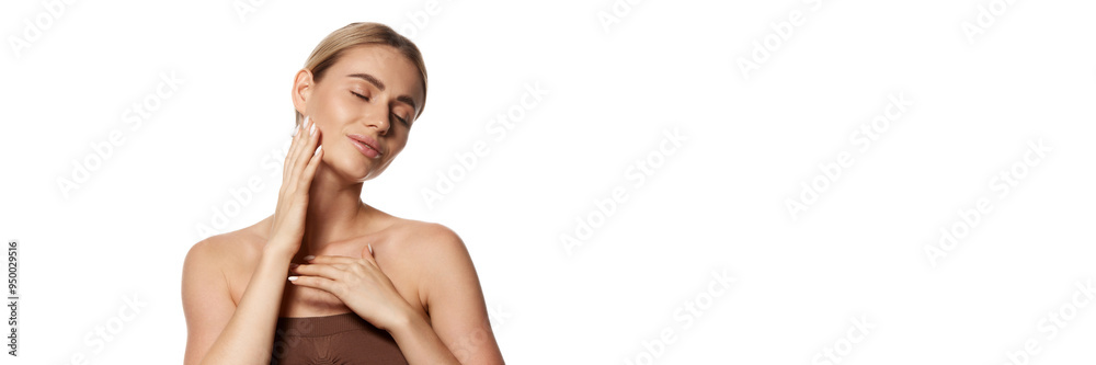 Lymphatic drainage massage. Portrait of beautiful young woman with perfect skin doing facial massage with hands isolated on white studio background. Concept of skin and body care, health Lymphatic drainage massage. Portrait of beautiful young woman with perfect skin doing facial massage with hands isolated on white studio background. Concept of skin and body care, health