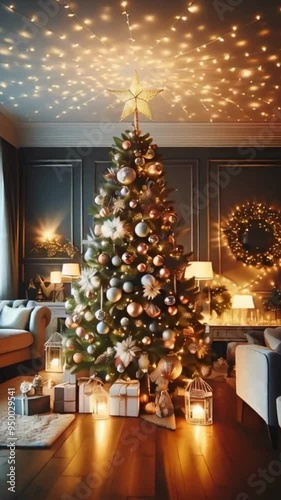 A video of christmass tree with gifts and decorations