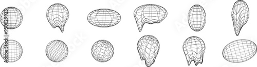 3D spheres grids, wireframe shapes. Globe meshes, ball in various position. 3D orbs, earth globe grid linear wireframe vector y2k elements