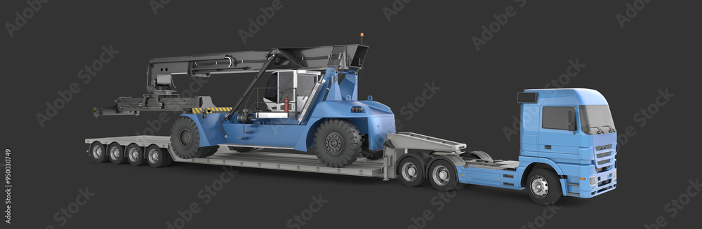 Loader (reach stacker) on a trailer platform at the truck ready for transportation. 3d illustration. Isolated on dark background. Loader (reach stacker) on a trailer platform at the truck ready for transportation. 3d illustration. Isolated on dark background.