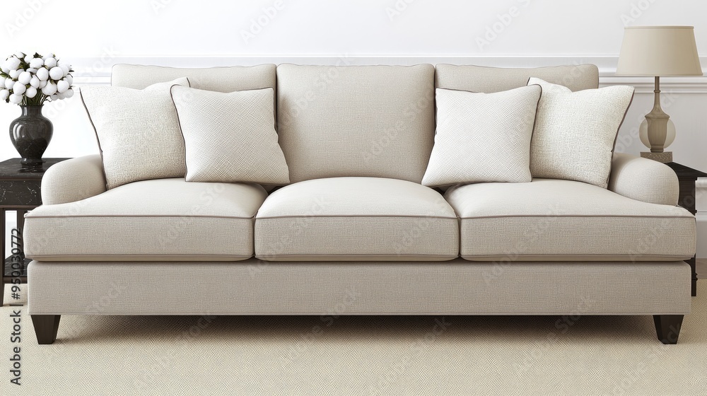 A beautifully arranged space features an elegant sofa, a sleek black side table, and a round white vase with cotton branches, all illuminated by soft lighting A beautifully arranged space features an elegant sofa, a sleek black side table, and a round white vase with cotton branches, all illuminated by soft lighting