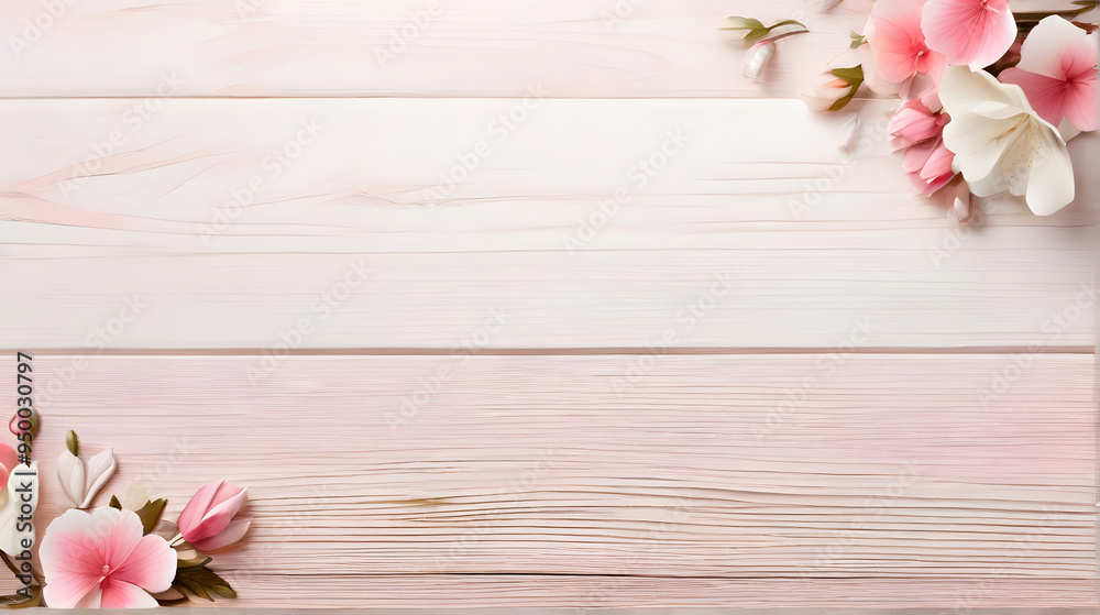 A wooden background with pink and white flowers A wooden background with pink and white flowers