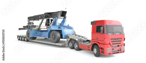 Loader (richstacker) on the trailer platform of the truck, ready for transportation. 3d illustration. An isolated object on a white background. photo