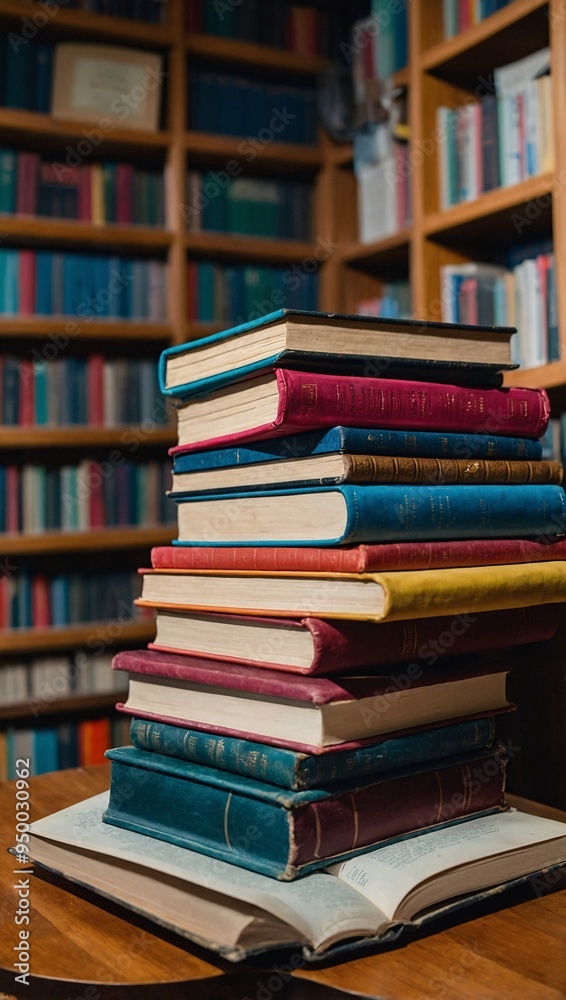 Books in Library Open book on a stack of colorful books in a cozy library. Books in Library Open book on a stack of colorful books in a cozy library.