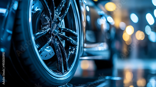 A close-up of a car’s alloy wheels and brake calipers, captured as the car comes to a stop, with the metallic sheen dominating the image.