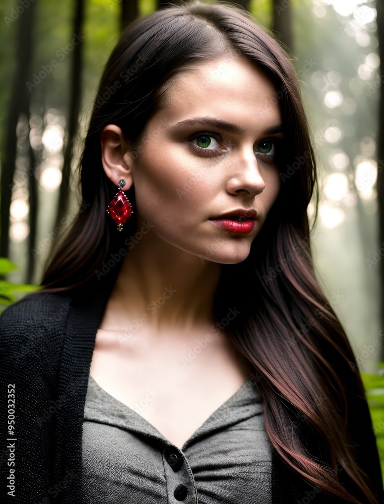 Naklejka premium Portrait of a young woman in a misty forest.