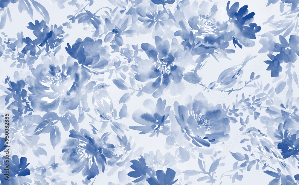 A seamless pattern of abstract blue flowers and birds painted in watercolor. A botanical textile in watercolor. A wallpaper with blue watercolor plants and flowers. A seamless pattern of abstract blue flowers and birds painted in watercolor. A botanical textile in watercolor. A wallpaper with blue watercolor plants and flowers.
