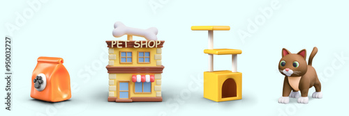 Set of images for pet shop in realistic style. Package of feed, store building, kitten, shelter
