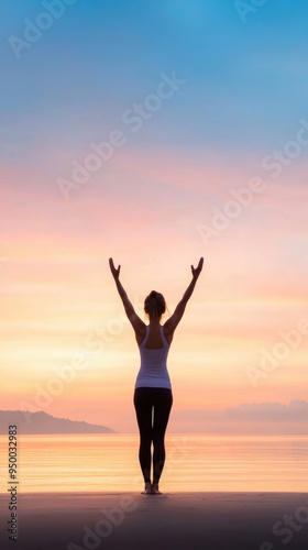 A person practicing yoga at sunrise on a quiet beach, symbolizing inner peace and well-being