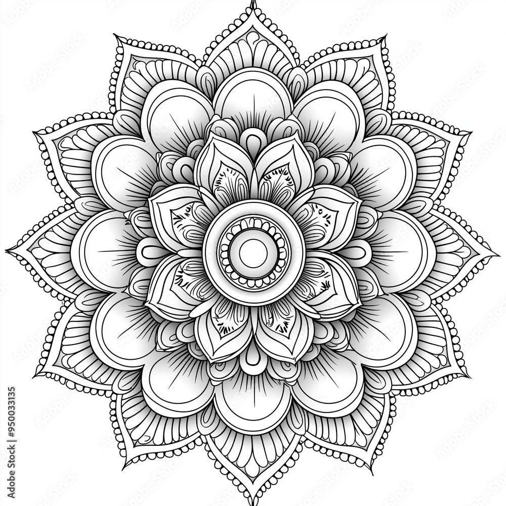 A beautifully detailed mandala featuring swirling lines and floral shapes that create a harmonious and intricate design, The character should have an outline suitable for coloring