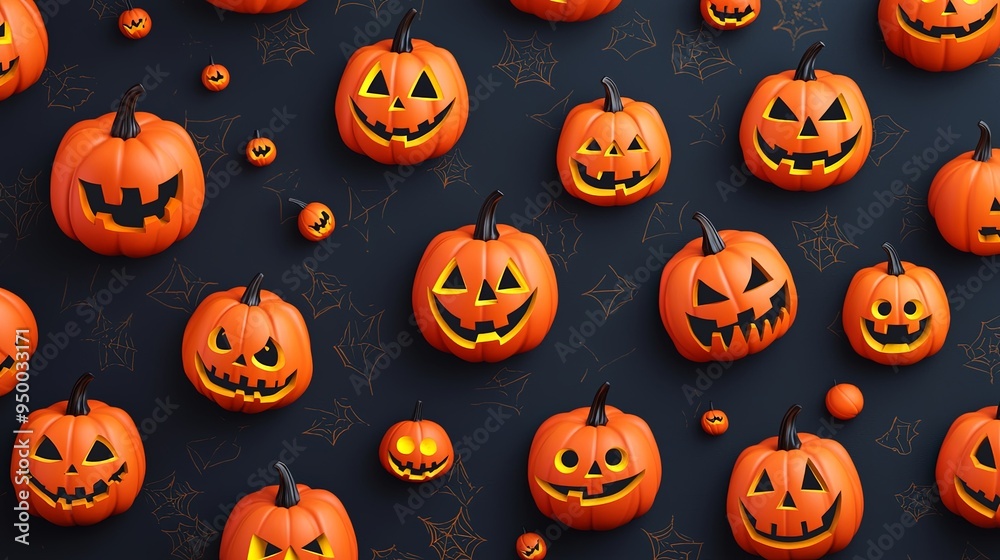 Multiple orange pumpkins with various expressions scattered on a black background, decorated with cobwebs, representing a festive Halloween theme. Multiple orange pumpkins with various expressions scattered on a black background, decorated with cobwebs, representing a festive Halloween theme.