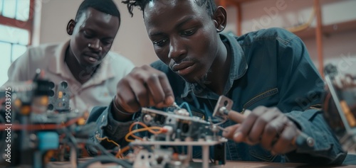 African American engineer repairs robot with tools