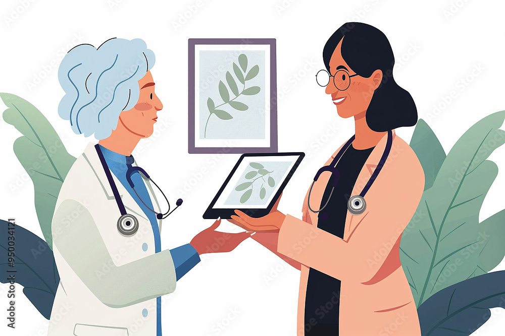 Doctor and nurse with stethoscope in the clinic with a tablet. Illustration in cartoon style. Doctor and nurse with stethoscope in the clinic with a tablet. Illustration in cartoon style.