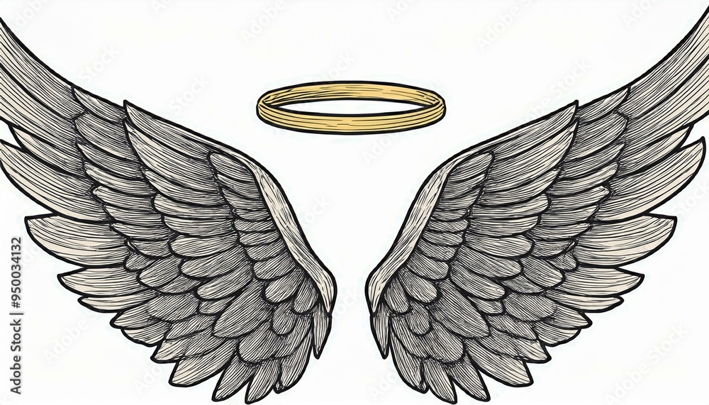 An angel wing with halo and angel lettering text set. Line sketch style wing. Simple illustration.