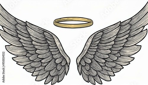 Obraz na płótnie An angel wing with halo and angel lettering text set. Line sketch style wing. Simple illustration. w salonie