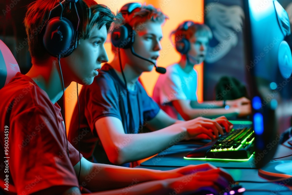 Three young men are playing a video game, each wearing headphones and focused on the screen. The room is dimly lit, with a red and blue color scheme. Scene is intense and competitive Three young men are playing a video game, each wearing headphones and focused on the screen. The room is dimly lit, with a red and blue color scheme. Scene is intense and competitive