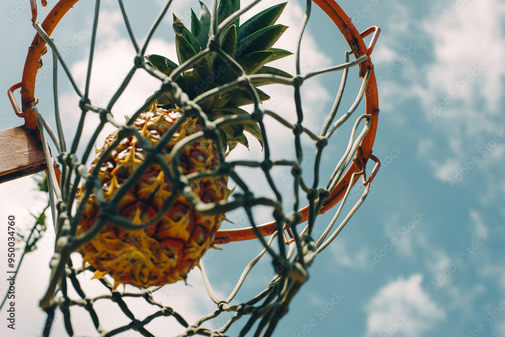 Basketball with fruits. Pineapple in a basketball hoop. Healthy eating, good food choices, making healthy decisions about food. Vegetarian and vegan, harvest, cooking, diet for athletes.Food donations Basketball with fruits. Pineapple in a basketball hoop. Healthy eating, good food choices, making healthy decisions about food. Vegetarian and vegan, harvest, cooking, diet for athletes.Food donations