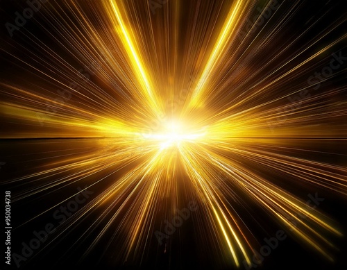 An explosion of yellow light on a black background with a golden sunburst, digital lens flare and color-aligned light rays.