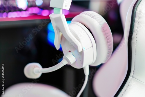 A white headset with a microphone and a cord attached to it photo