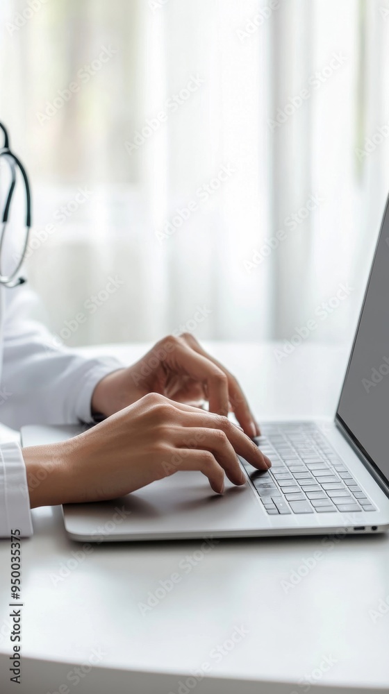 Naklejka premium A person sitting at home using a laptop for a telemedicine consultation with a doctor, surrounded by a calm and comfortable living space